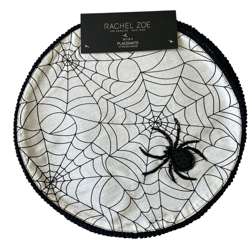 Rachel Zoe Halloween Spider Web with Beaded Spider Placemats 15in Set of 4 NEW